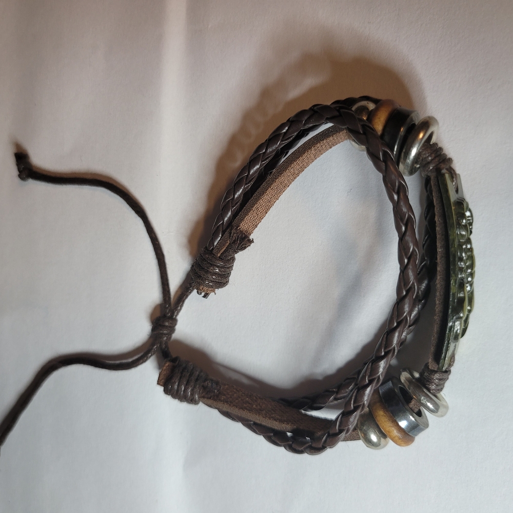 Men's Brown Braided Leather Bracelet with Metal Accents